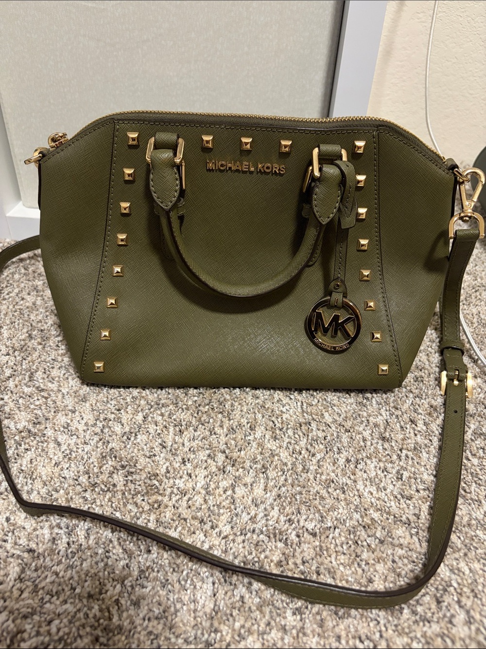 Michael Kors Olive Green Studded Dome Satchel with Gold Hardware